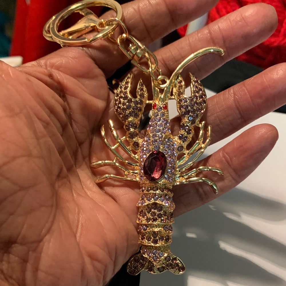 Gold Tone Lobster Keychain/Purse Charm with Red Gemstone & Crystals (new)